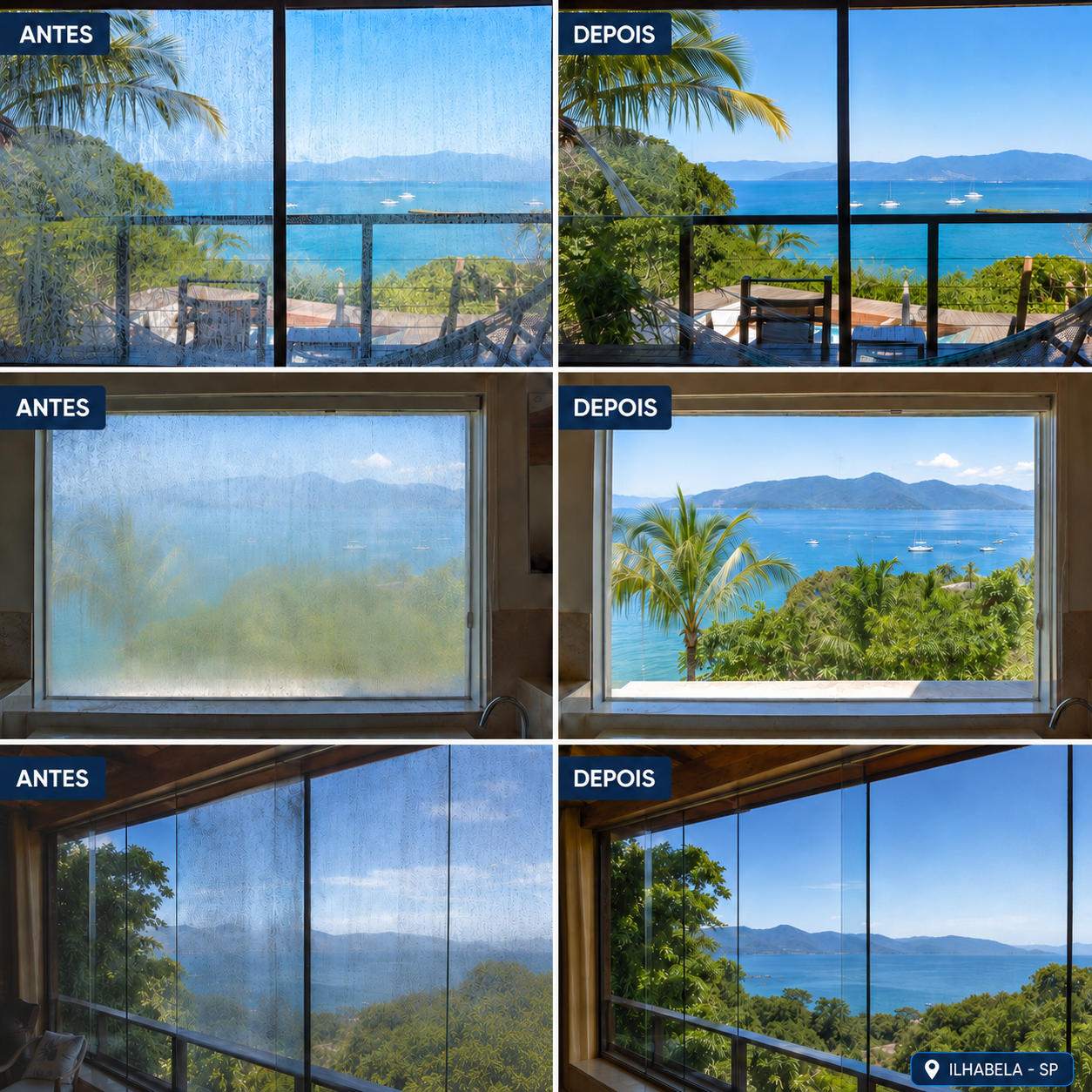 Antes e depois da limpeza de vidros Cristalize em Ilhabela